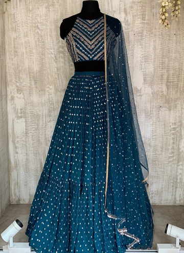 Ruffle Style Teal Blue Georgette Sequence Work Lehenga Choli